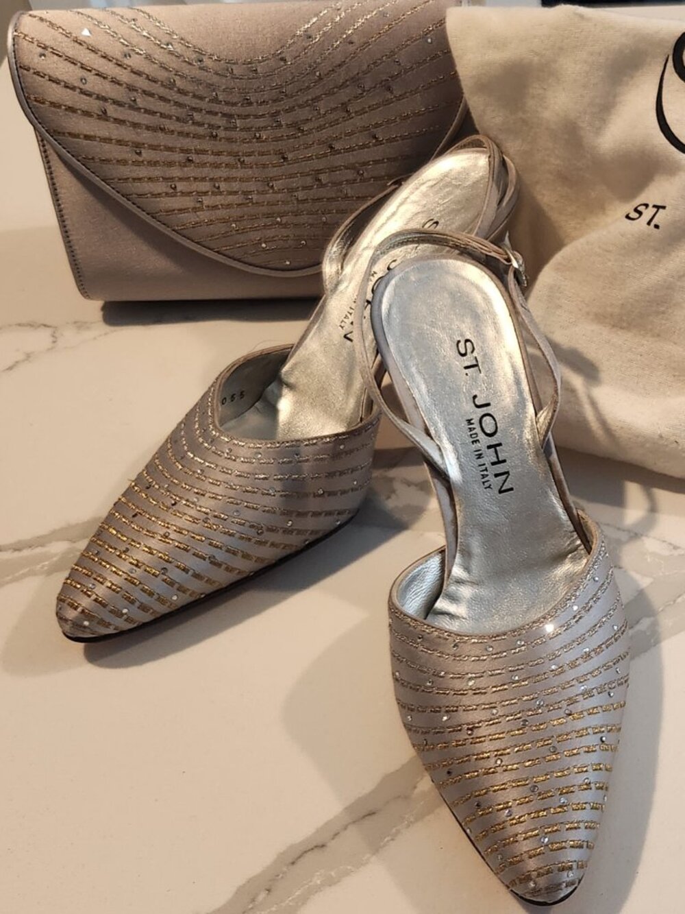 St. John Collection Silver Embellished Slingback Evening Heels - Made in Italy